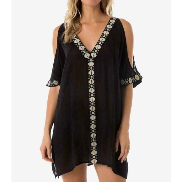 A-524 O'Neill gauze Frances embroidered Cold-Shoulder Swim Cover BLACK sz S - Picture 1 of 1